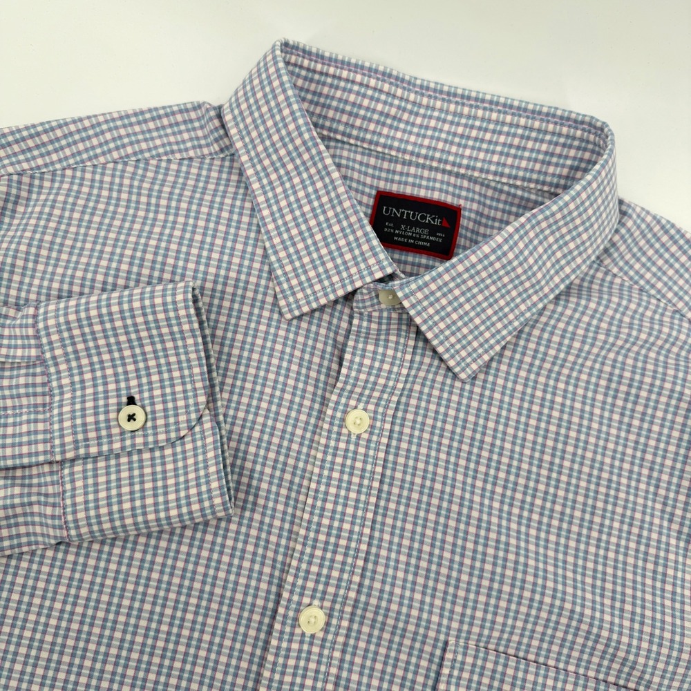 UNTUCKit Men Extra Large Blue Pink Gingham Stretch Long Sleeve Button Down Shirt